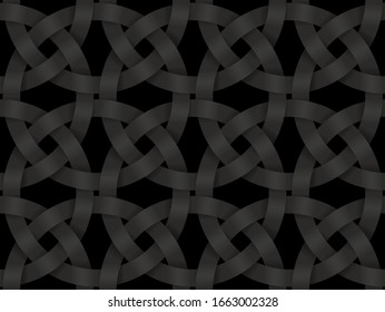Black seamless decorative pattern of intersected circle stripes. Vector dark texture repeating geometric background illustration.