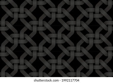 Black seamless decorative pattern of woven octagonal shaped bands. Vector dark texture repeating geometric background illustration.