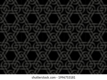 Black seamless decorative pattern of woven triangular shaped double bands. Vector dark texture repeating geometric background illustration.