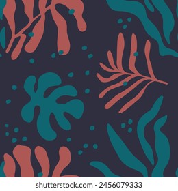 Arte textil de la palma elegante sin costuras negro. Superficie creativa continua de la flora del pastel, modelo sin costuras. Vibrante Naturaleza sin costuras Antiguas deja el fondo. 