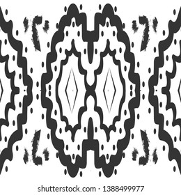 Black seamless ethnic pattern with triangles, zigzag, polygonal figures and nice looking curves. Fashion folk geometric print, tribal ornament.