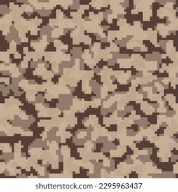 Black Seamless Fashion Pixel Army Background. Repeated Brown Colorful Geometric Combat Print.  Dark Repeated Modern Vector Military Wallpaper. Desert Digital Soldier Fabric. 