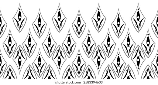 Black seamless floral border. Fantasy geometry shapes on white background. Stylized floral vector pattern. Monochrome medieval ornament. Embroidery lace edge for textile, papers, etc