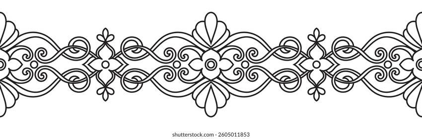 Black seamless floral line drawing tattoo. Abstract flowers. Mandala.