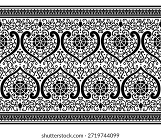 Schwarzes nahtloses Blumenmuster. Indisches Kunsterbe. Überlappende Vignetten. Indischer, arabischer, klassischer Stil im Nahen Osten. 