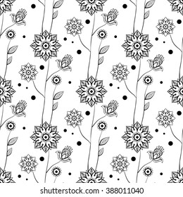 Black seamless floral pattern isolated on white background. Vector Illustration. Can be used as package design element, fabric pattern etc.
