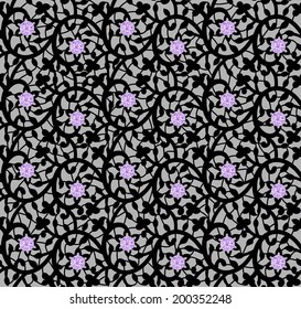 Black seamless floral pattern with lace and diamonds on a gray background