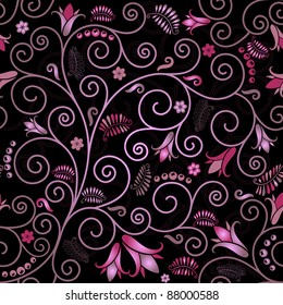 Black seamless floral pattern with pink flowers and curls (vector)