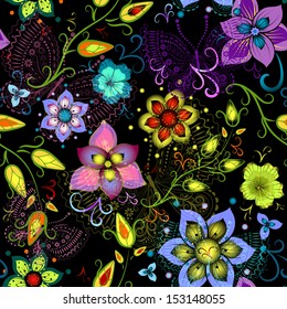 Black seamless floral pattern with vivid flowers and colorful transparent butterflies (vector eps 10)