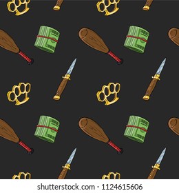 Black seamless gangster pattern. Background with vector objects of gangster theme.