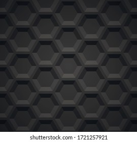 Black seamless geometric background. Hexagons embossed with shadow. Vector illustration.