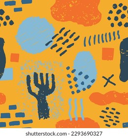 Black Seamless Grunge Graphic Textile Sketch. Yellow Seamless Fashion Decorative Set, Seamless Wallpaper. Colorful Endless Classic Artistic Shape Card