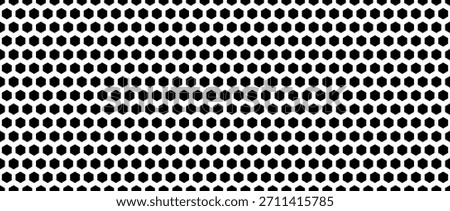 Black seamless hexagon texture. Repeated honeycomb pattern background. Geometric hexagonal halftone tech overlay backdrop. Abstract repeating hex halftone. Vector retro technology dot texure wallpaper