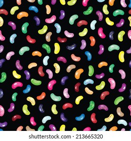 Black seamless jelly beans vector pattern. Sweet candy jelly beans background. Jelly beans illustration.