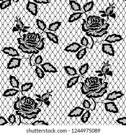 Black seamless lace pattern with rose. Black floral lace pattern