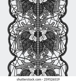 Black seamless lace ribbon on a light background. Beautiful floral pattern for design invitations and cards. Vector illustration