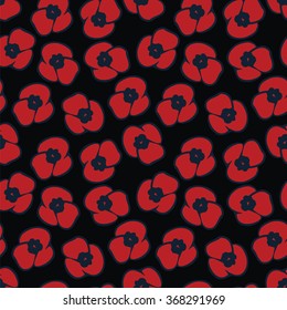 black seamless pattern with abstract red poppy