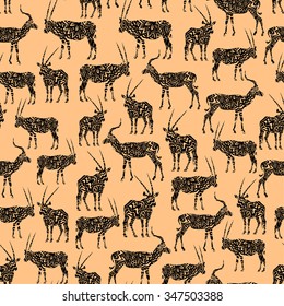 Black Seamless Pattern With Antelope On Beige