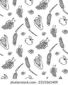 Black seamless pattern with autumn fruit and vegetable. Apple, wheat, corn, grape, blueberry. Vector. Background for wrapping, poster, card, cover. Outline repeat for scrapbooking, textile craft paper