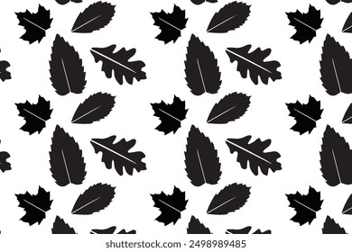 Black Seamless Pattern of Autumn Leaves Vector Illustrations. Abstract. Digital Hand-drawn Flat vector illustration on white background. EPS 10. Autumn leaves