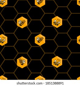 Black Seamless Pattern with bee and honeycomb. Modern texture Design pattern.