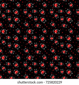 black seamless pattern with cat with heart. vector.