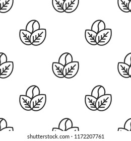 black seamless pattern with coffee beans and leaves on white background. Flat line vector ornament. Good for print on paper or fabric.