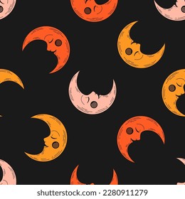 Black seamless pattern with colorful celestial moon