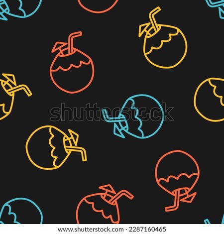 Black seamless pattern with colorful coconut drink