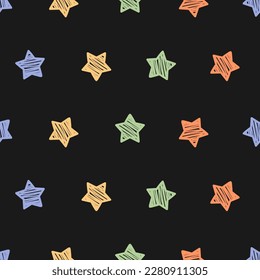 Black seamless pattern with colorful doodle stars