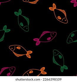 Black seamless pattern with colorful fish
