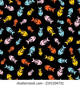 Black seamless pattern with colorful fishbones.