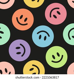 Black seamless pattern with colorful happy faces