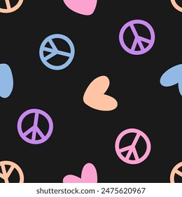 Black seamless pattern with colorful hearts and peace symbols