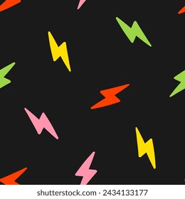Black seamless pattern with colorful lightning bolt
