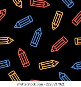 Black seamless pattern with colorful outline pencil.