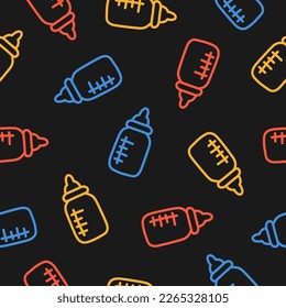 Black seamless pattern with colorful outline baby bottle