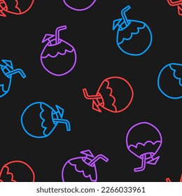 Black seamless pattern with colorful outline coconut drink