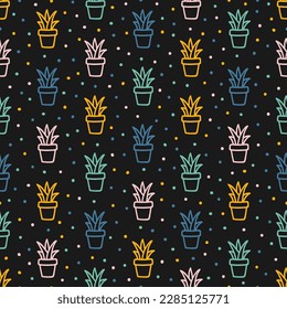 Black seamless pattern with colorful outline cacti