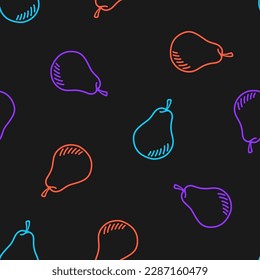 Black seamless pattern with colorful outline pears