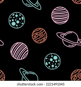 Black seamless pattern with colorful planets.