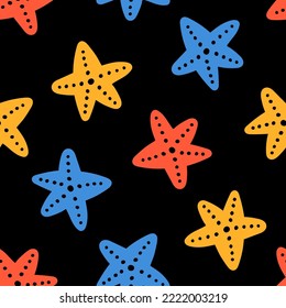 Black seamless pattern with colorful sea star.