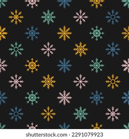 Black seamless pattern with colorful snowflakes