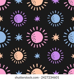 Black seamless pattern with colorful sun and star