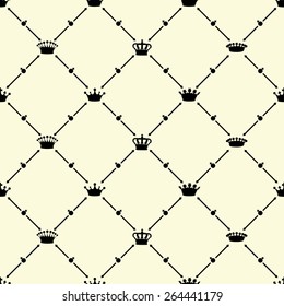 Black seamless pattern with crown symbol on beige, vector, 10eps.