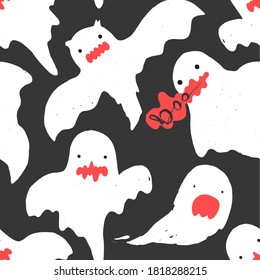 Black seamless pattern with cute white ghosts and red mouths with boo text. Funny kids Halloween texture for textile, wrapping paper, cover, background, wallpaper, surface, web design