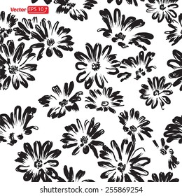 black seamless pattern daisy flower watercolor isolated on white background vector illustration