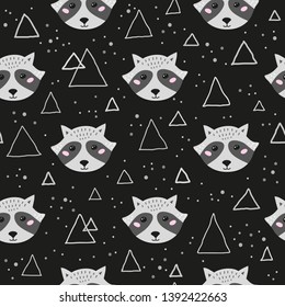 Black seamless pattern with doodle raccoon faces, triangles and dots.