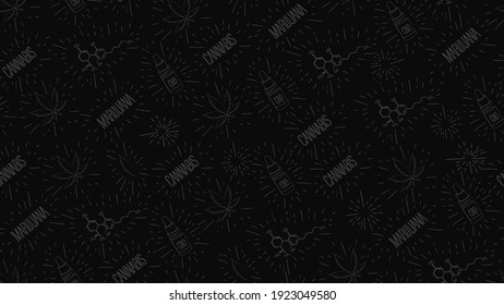 Black seamless pattern in doodle style with cannabis leafs, bottle of CBD oil, chemical formula of CBD and cannabis logos