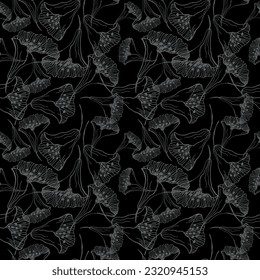 Black Seamless pattern with flowers repeating background.Decorative  ornament for packaging, textile, print, template, greeting card.  Hand drawn design element. Vector illustration
